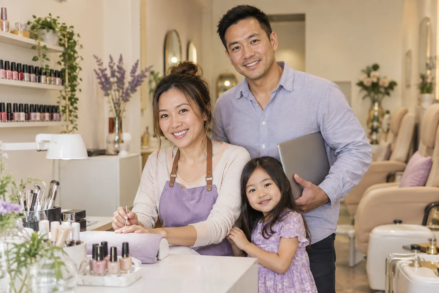 Illustrative image of a nail salon owner, her software developer partner and their child together in the salon